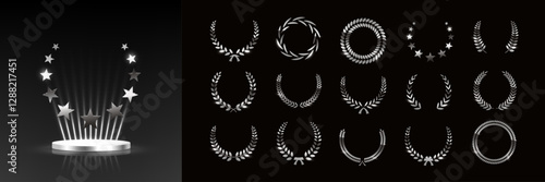 Silver award podium with star wreath and set of different laurel wreaths. Luxury templates for glamour product presentation, winner ceremony. Vector illustrations isolated on black.
