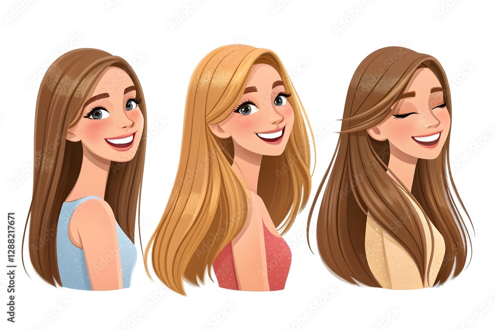 Beautiful 3D Cartoon Young Woman – Happy & Smiling with Long Shiny Hair