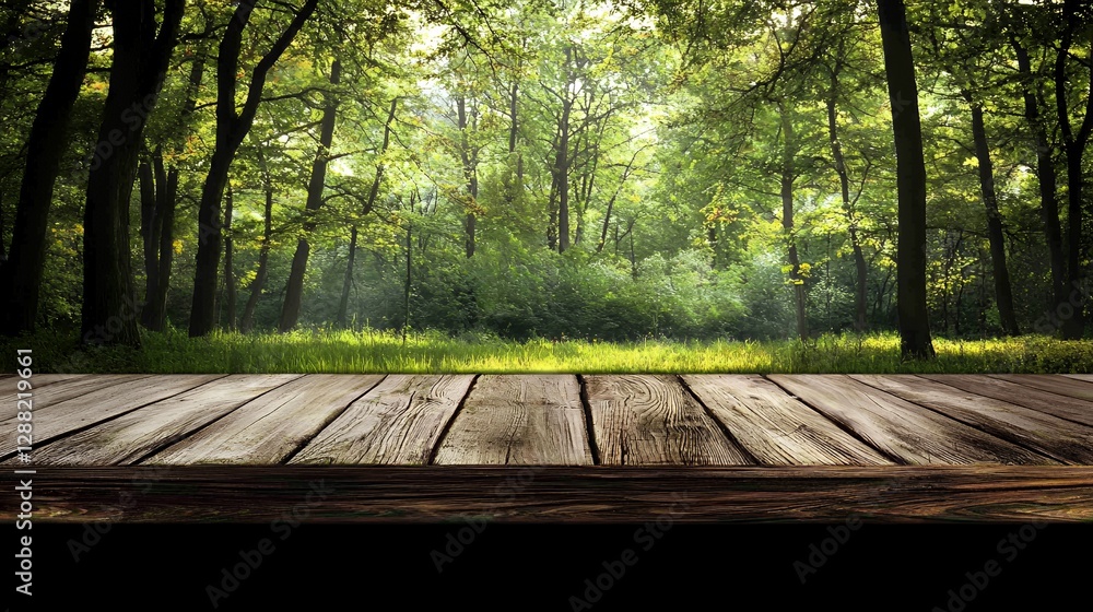 Sunlit Green Forest Path with Wooden Planks Sunlit Green Forest Path with Wooden Planks