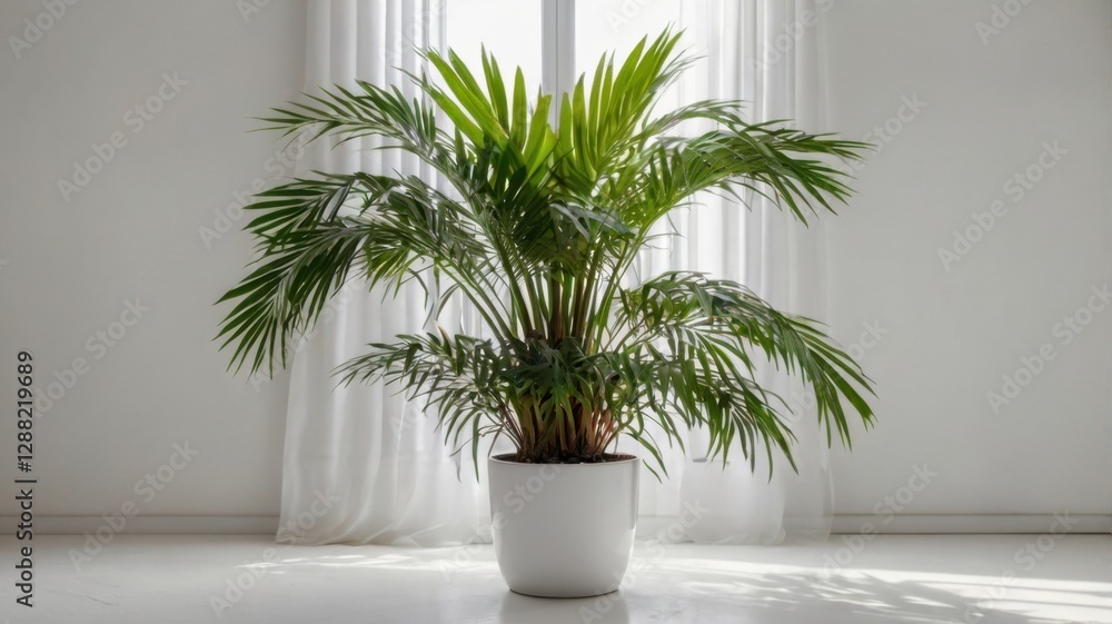 Lush Areca Palm in White Pot on White Floor with Natural Light and Soft Shadows in Modern Interior Decor Lush Areca Palm in White Pot on White Floor with Natural Light and Soft Shadows in Modern Interior Decor