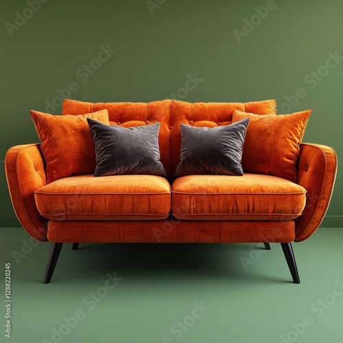 Orange velvet sofa in modern room, home decor, interior design, living room photo