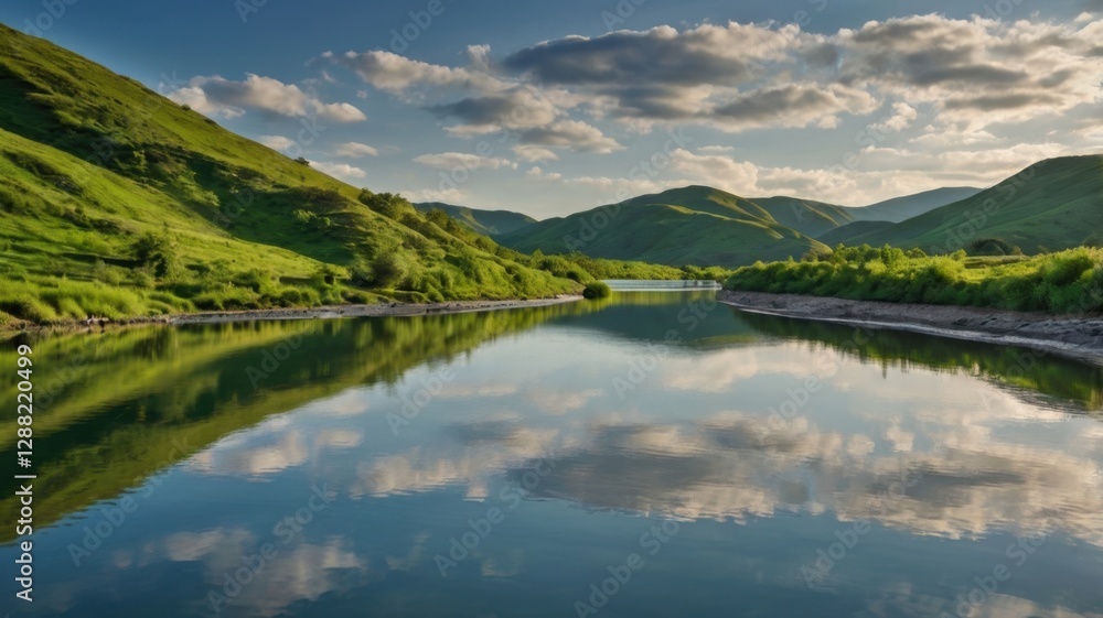 Obraz premium Serene River Landscape with Lush Green Hills Reflecting Sky and Clouds in Clear Waters Under Bright Sunlight on Tranquil Day