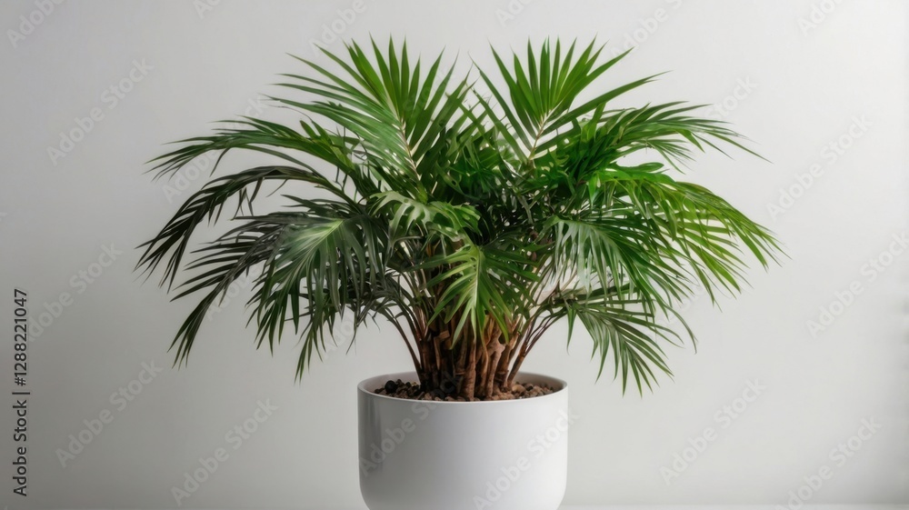 Fototapeta premium Vibrant Areca Palm in White Pot Indoor Plant Against a Neutral Background with Soft Lighting for Home Decor and Fresh Environment