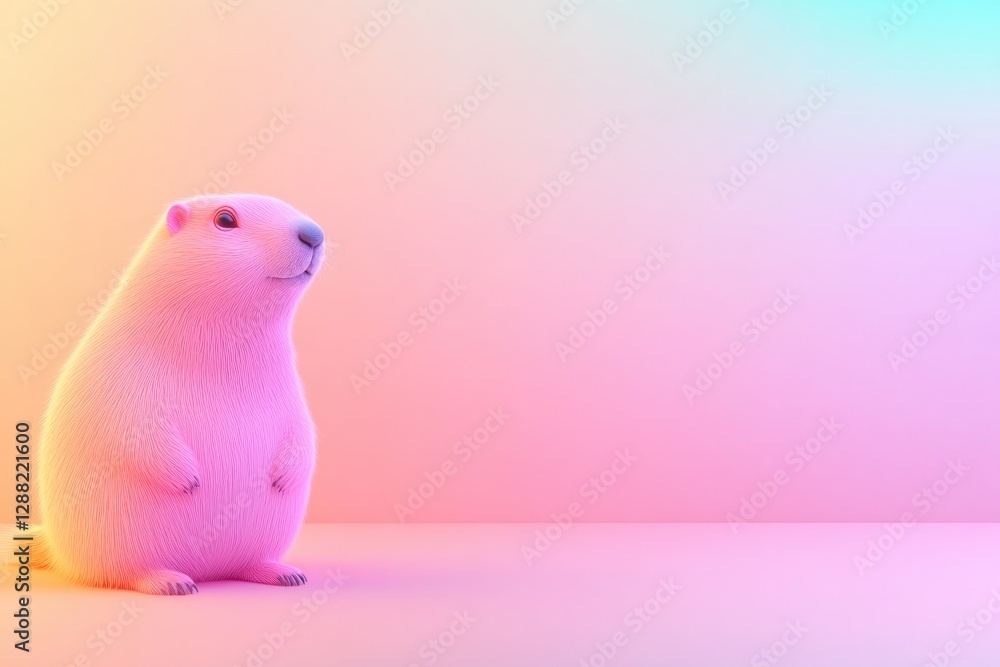 Soft pink creature stands against colorful gradient backdrop, ex Soft pink creature stands against colorful gradient backdrop, ex