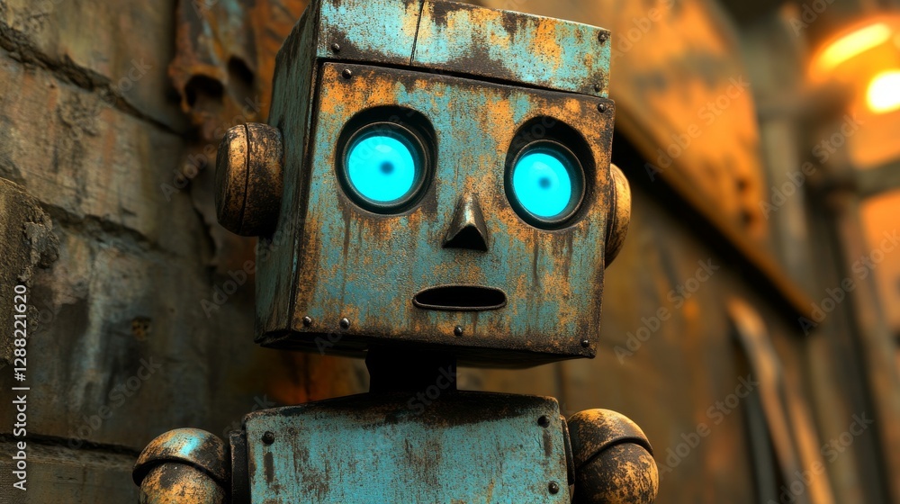A friendly 3D abstract robot, featuring a retro-futuristic design in green with orange-brown eyes, portrayed as a metal machine learning AI toy. This cartoon illustration is set against a technology A friendly 3D abstract robot, featuring a retro-futuristic design in green with orange-brown eyes, portrayed as a metal machine learning AI toy. This cartoon illustration is set against a technology