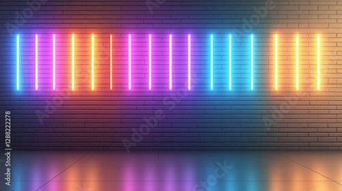 A 3D rendering of modern neon lights illuminating an old  grungy brick wall room creates a futuristic and dynamic atmosphere