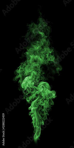 Isolated Wispy detailed Green Smoke with some turbulences and a linear upward shape on a black background