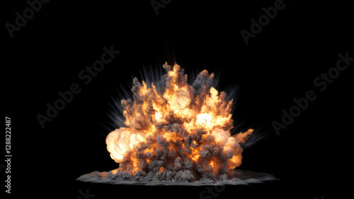 Start of Huge Explosion like War Artillery with very Dense dark and billowing Smoke with Orange Flames on a black background photo