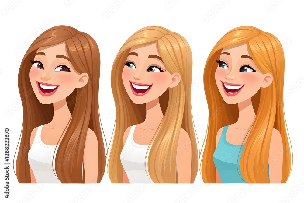 Beautiful 3D Cartoon Young Woman – Happy & Smiling with Long Shiny Hair Beautiful 3D Cartoon Young Woman – Happy & Smiling with Long Shiny Hair