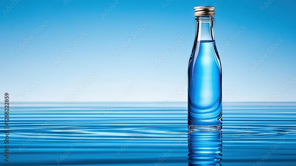 A blue sky is visible in the background as a bottle of water sits in the center of the water body A blue sky is visible in the background as a bottle of water sits in the center of the water body
