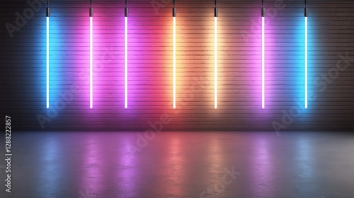 Wallpaper Mural A 3D rendering of modern neon lights illuminating an old, grungy brick wall room creates a futuristic and dynamic atmosphere Torontodigital.ca