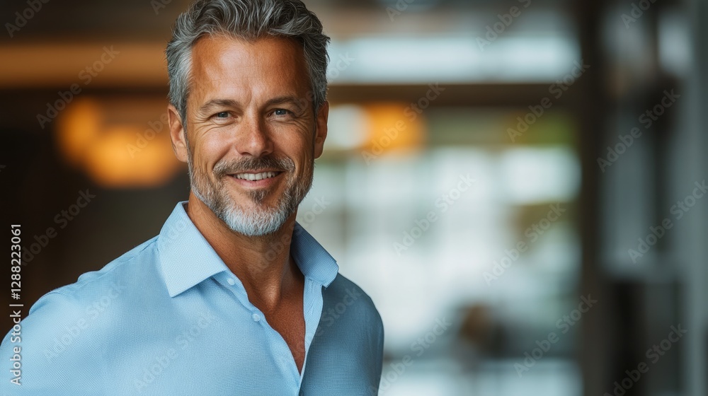 Fototapeta premium Man with a blue shirt and a smile on his face. He is posing for a picture