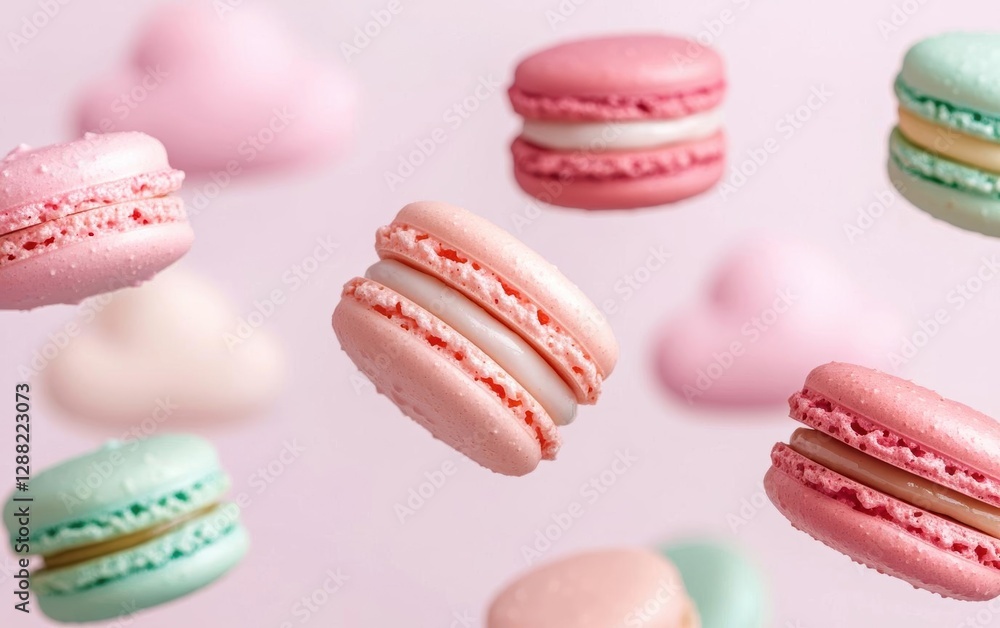 Obraz premium A whimsical composition of macarons floating in midair, surrounded by soft pastelcolored clouds, dreamlike and playful