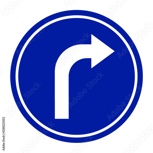 white arrow on a blue circle background. road sign for turning road.