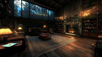 Tableau sur toile  Cozy Cabin Interior at Night with Fireplace and Christmas Lights  © Robin