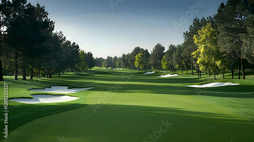 Picturesque Golf Course Fairway with Lush Green Grass and Sand Bunkers under a Clear Blue Sky