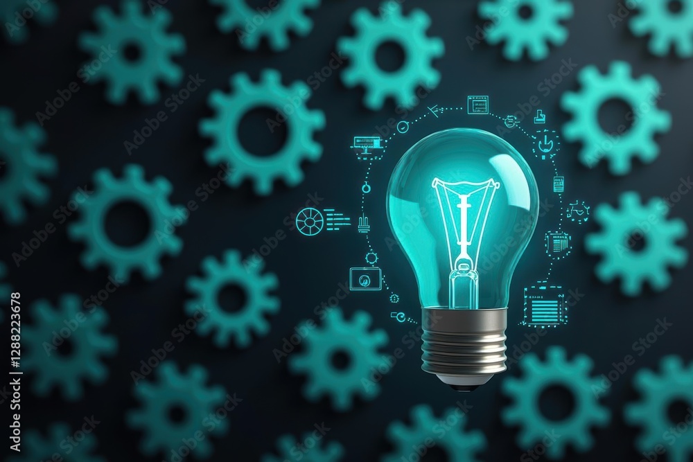 Floating bulb surrounded by gear icons and a digital interface, smart energy management concept Floating bulb surrounded by gear icons and a digital interface, smart energy management concept