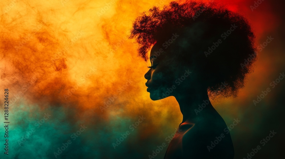 An artistic representation of a female silhouette with long hair in an abstract style, highlighted by a vivid and colorful background An artistic representation of a female silhouette with long hair in an abstract style, highlighted by a vivid and colorful background