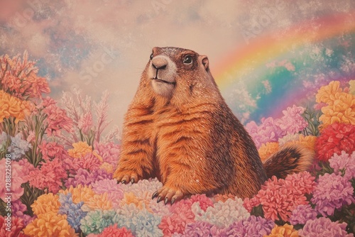 Charming animal surrounded by vibrant flowers and colorful rainb