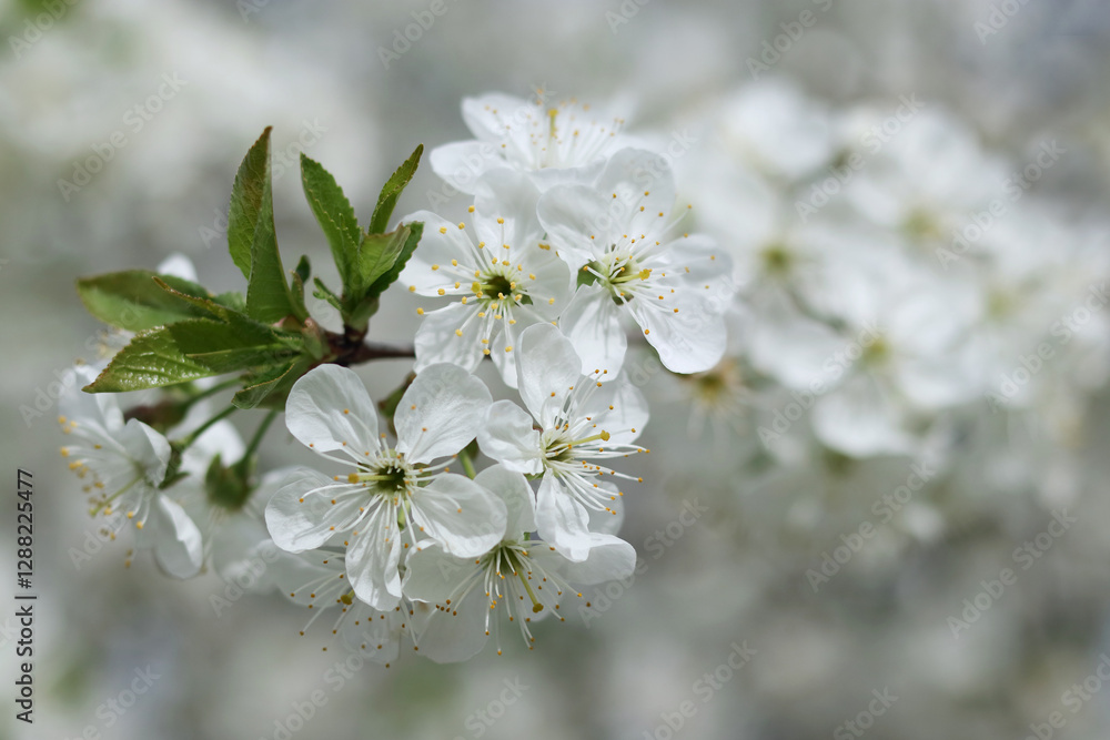 White cherry blossoms in full bloom on a tree branch, close-up macro shot with soft focus background.