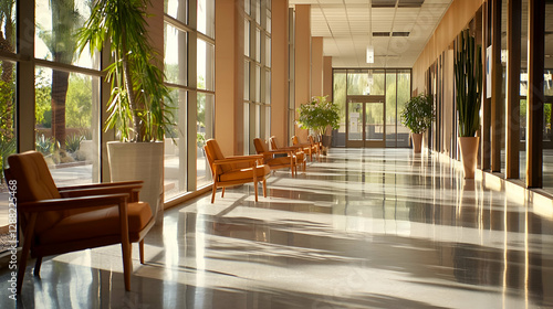Sunlit Modern Hallway with Mid Century Chairs and Plants
