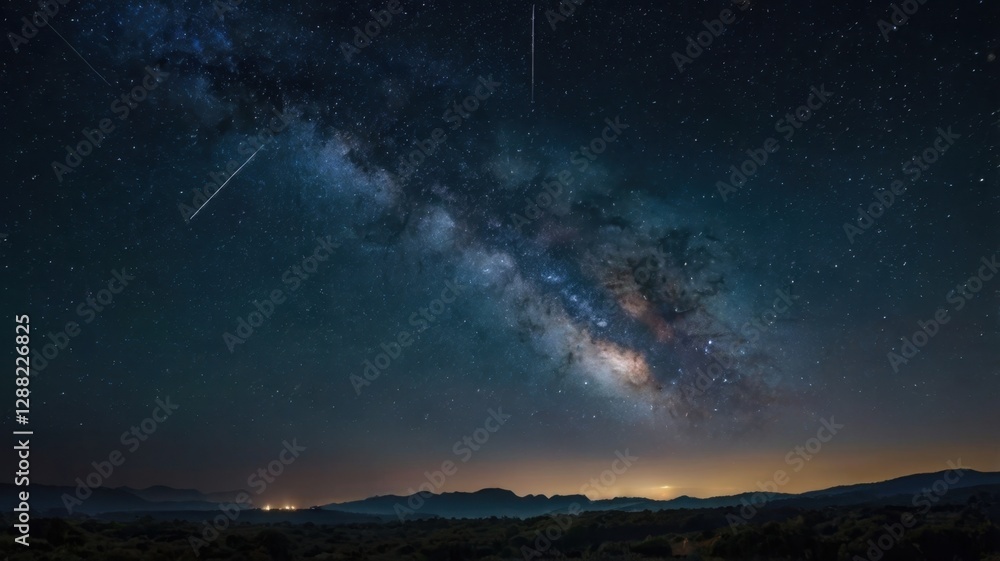 Fototapeta premium Serene Night Sky Showcasing Stars and Milky Way Galaxy Over Dark Silhouette of Distant Landscape in Blue Dark Hues with Glimmering Light