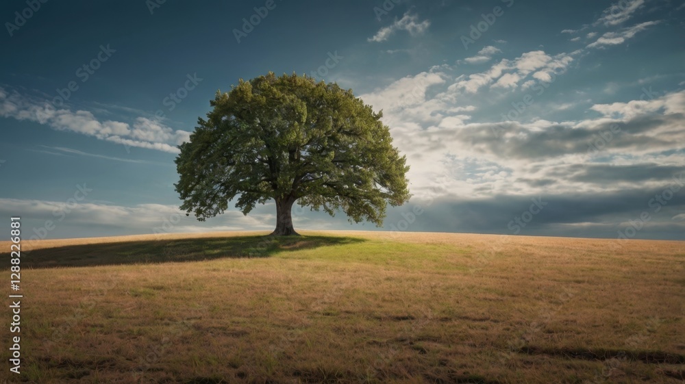 Fototapeta premium Solitary Green Tree Standing Tall in a Golden Field Under a Blue Sky With Wispy Clouds Sunny Rural Meadow Landscape