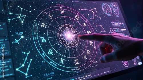 Glowing digital zodiac wheel in deep space with astrological constellations. Celestial energy, futuristic horoscope reading, cosmic divination, metaphysical insight, astrology technology.