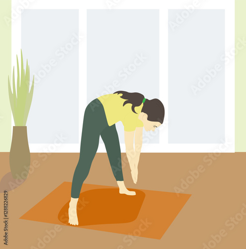 In the gym, a slender young girl does sports on a mat.