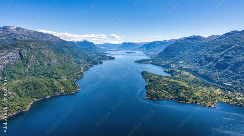 Fototapeta premium Aerial view of a serene fjord surrounded by lush green mountains under a clear blue sky.