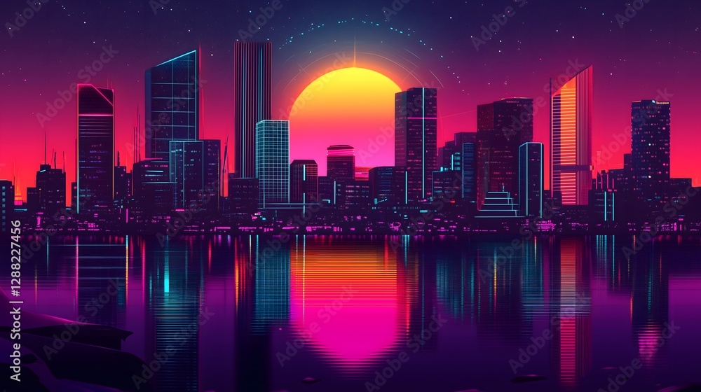 An 80s retrowave style neon colored cityscape An 80s retrowave style neon colored cityscape