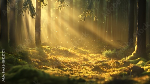 golden rays of sunlight in a misty forest