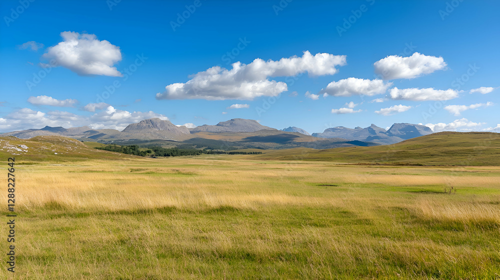 Fototapeta premium Vast Grassy Field and Mountain Range under a Sunny Sky