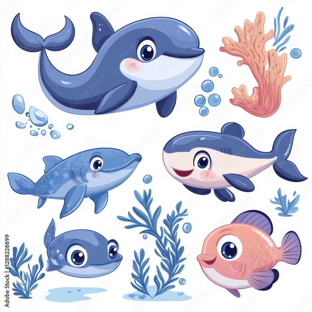 A set of contemporary cartoon stickers with friendly sea creatures like a dolphin, fish, and shark, depicted on a white background A set of contemporary cartoon stickers with friendly sea creatures like a dolphin, fish, and shark, depicted on a white background