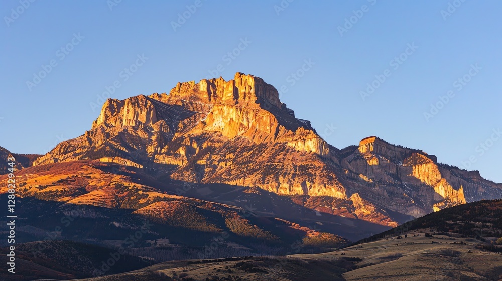 Naklejka premium A mountain range with golden sunlight illuminating the peaks.