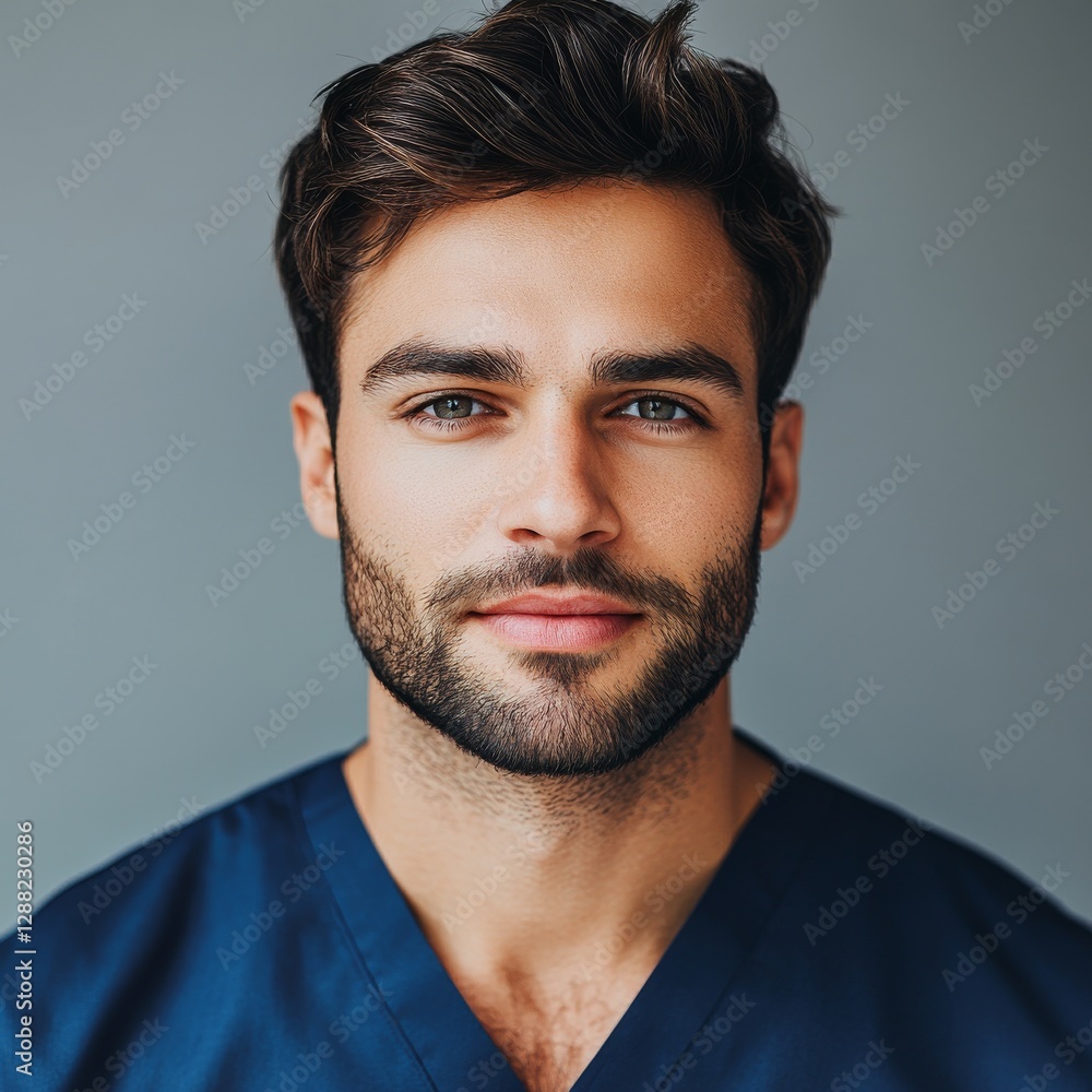 Fototapeta premium A young male doctor in a blue uniform and medical protective clothing, isolated on a hospital background, symbolizing a healthcare professional