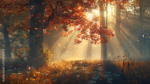 Tranquil Autumn Park with Warm Sunbeams and Falling Leaves photo