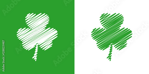 Día de San Patricio. Logo con silueta de trébol de tres hojas con garabatos con líneas en zigzag para tarjetas y felicitaciones