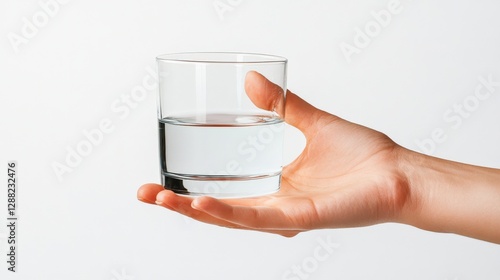 A hand holding a clear glass of water against a plain background, symbolizing hydration and freshness photo