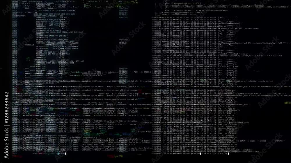 Fast running digital data on black screen with matrix glitch effects for cyberpunk style video projects.
