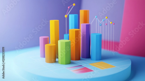 Vibrant 3D corporate presentation model illustrating data analysis and business performance metrics in a modern design environment