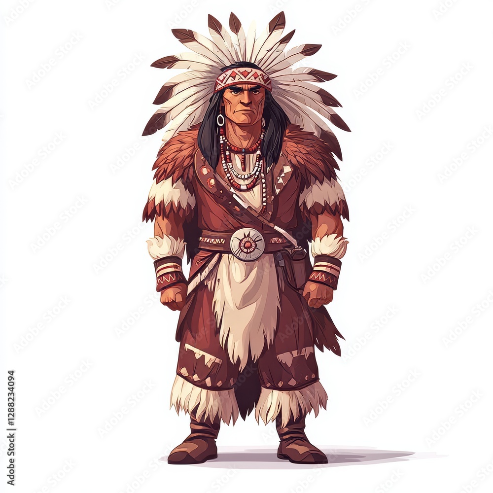 Obraz premium A white-background cartoon featuring a Native American chief in full length, adorned with feathers