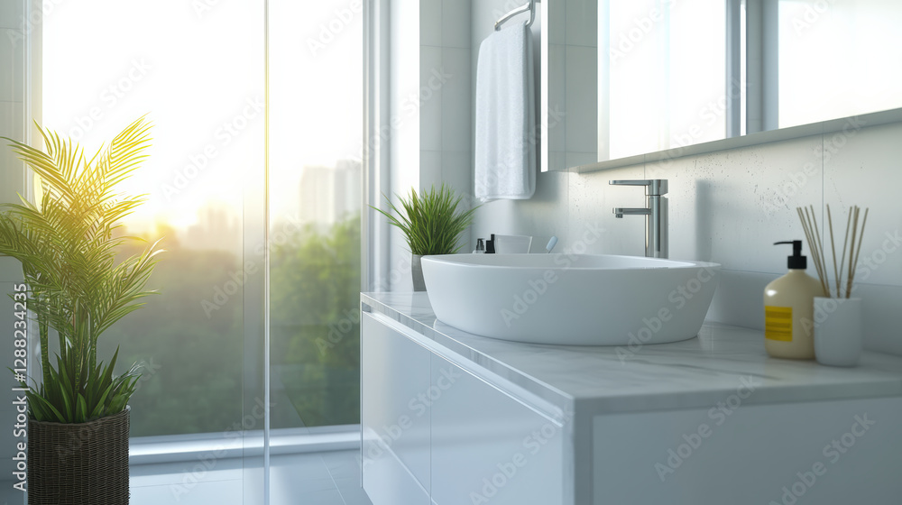 Fototapeta premium bright and airy minimalist bathroom featuring sleek white vanity, modern basin, and lush greenery. sunlight filters through large windows, creating serene atmosphere
