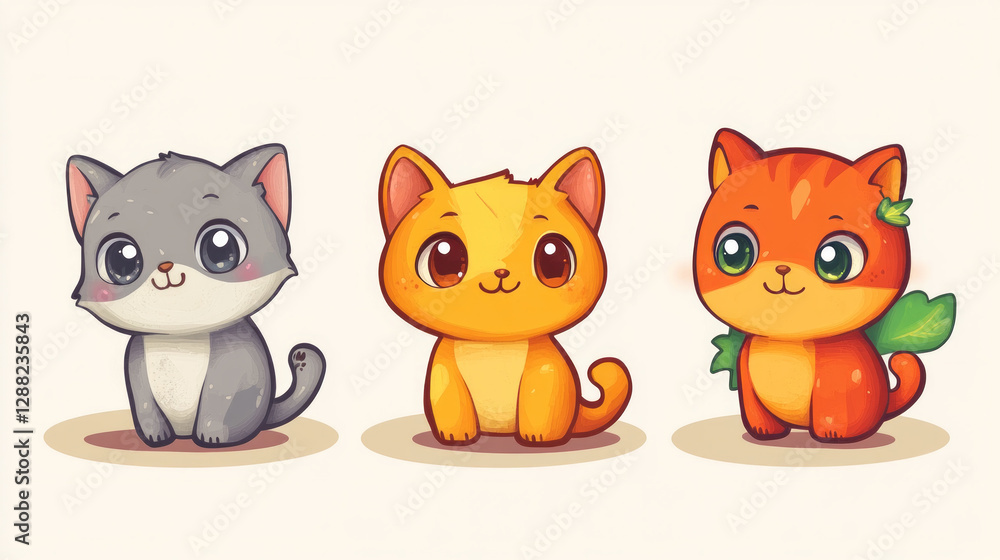 Three adorable cartoon pet characters in a cute and colorful style looking playful and cheerful Three adorable cartoon pet characters in a cute and colorful style looking playful and cheerful