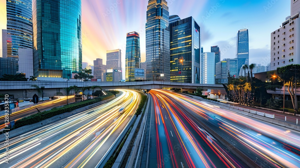 A long exposure shot of a highway with blurred lights and skyscrapers in the background. A long exposure shot of a highway with blurred lights and skyscrapers in the background.