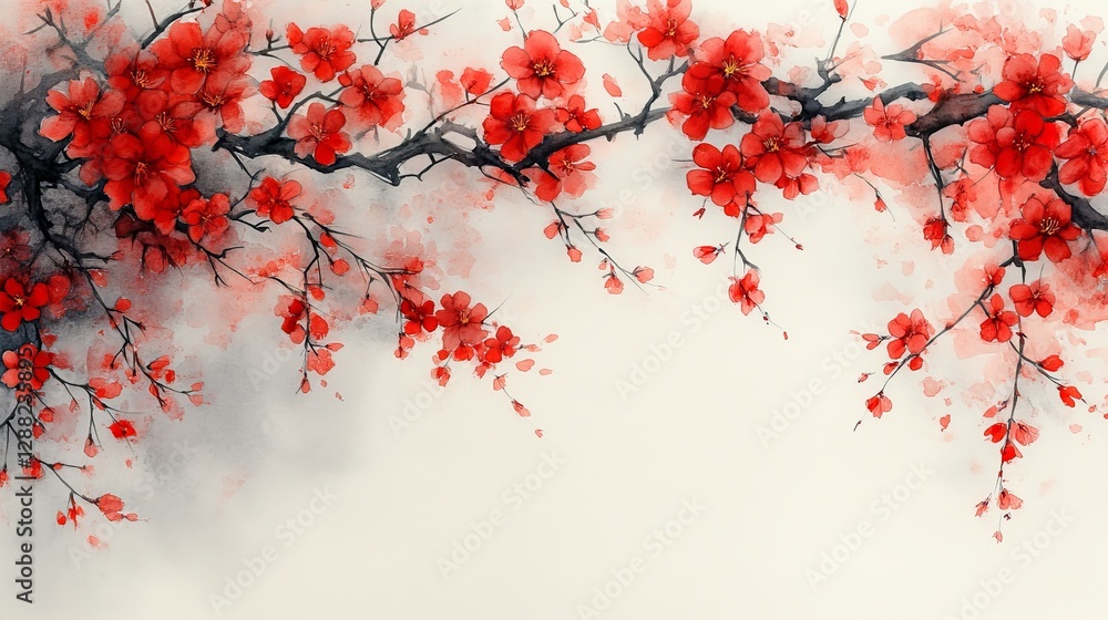 A serene watercolor illustration of cherry blossom branches in vibrant red against a light background. A serene watercolor illustration of cherry blossom branches in vibrant red against a light background.