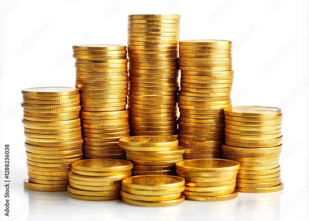 Golden Coins Stacked Money On A White Background Golden Coins Stacked Money On A White Background