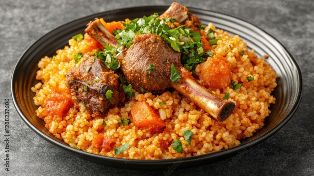 Delicious couscous with tender lamb and fresh herbs on a plate Delicious couscous with tender lamb and fresh herbs on a plate