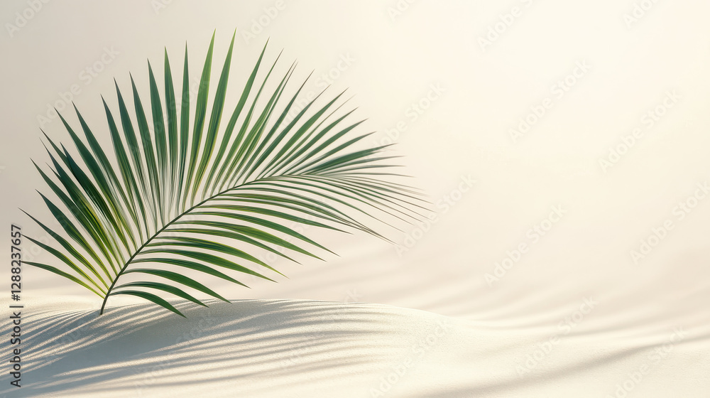 Obraz premium A tranquil beachside composition featuring a single large green palm leaf casting a delicate shadow on smooth sand