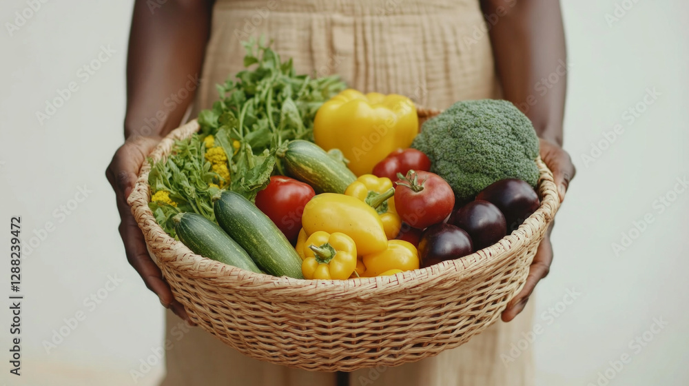 Fototapeta premium Fresh produce selection from a local farmers market displayed in a woven basket held by hands